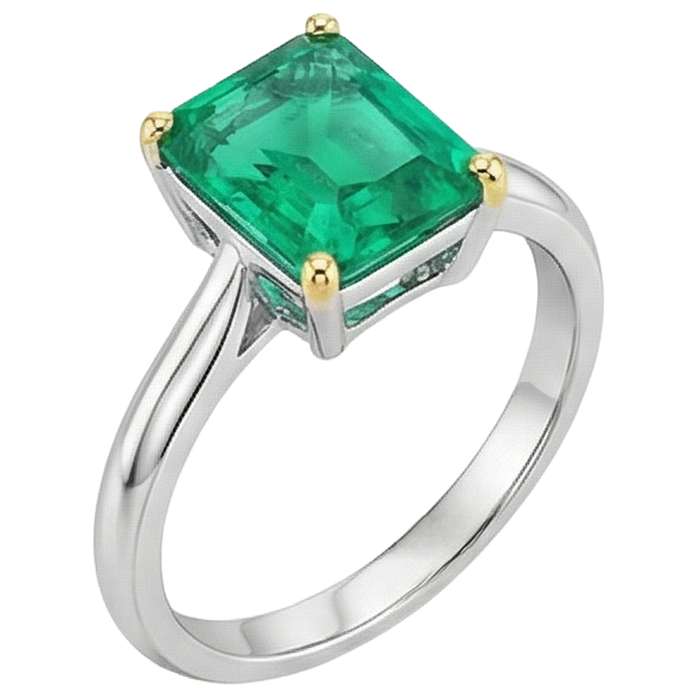 Natural Real ( Not Lab Grown ) Two Tone Gold Gemstone Ring Green Emerald GIA Solitaire