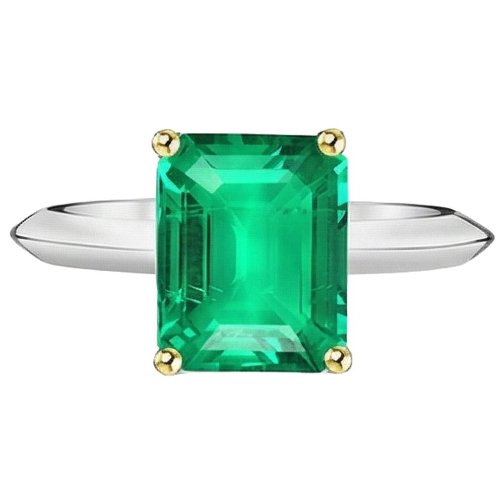 Natural Real ( Not Lab Grown ) Two Tone Gold Gemstone Ring Green Emerald GIA Solitaire