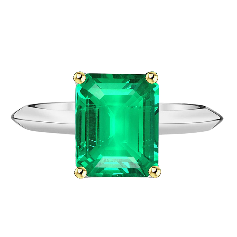 Two Tone Gold Gemstone Ring Green Emerald Solitaire