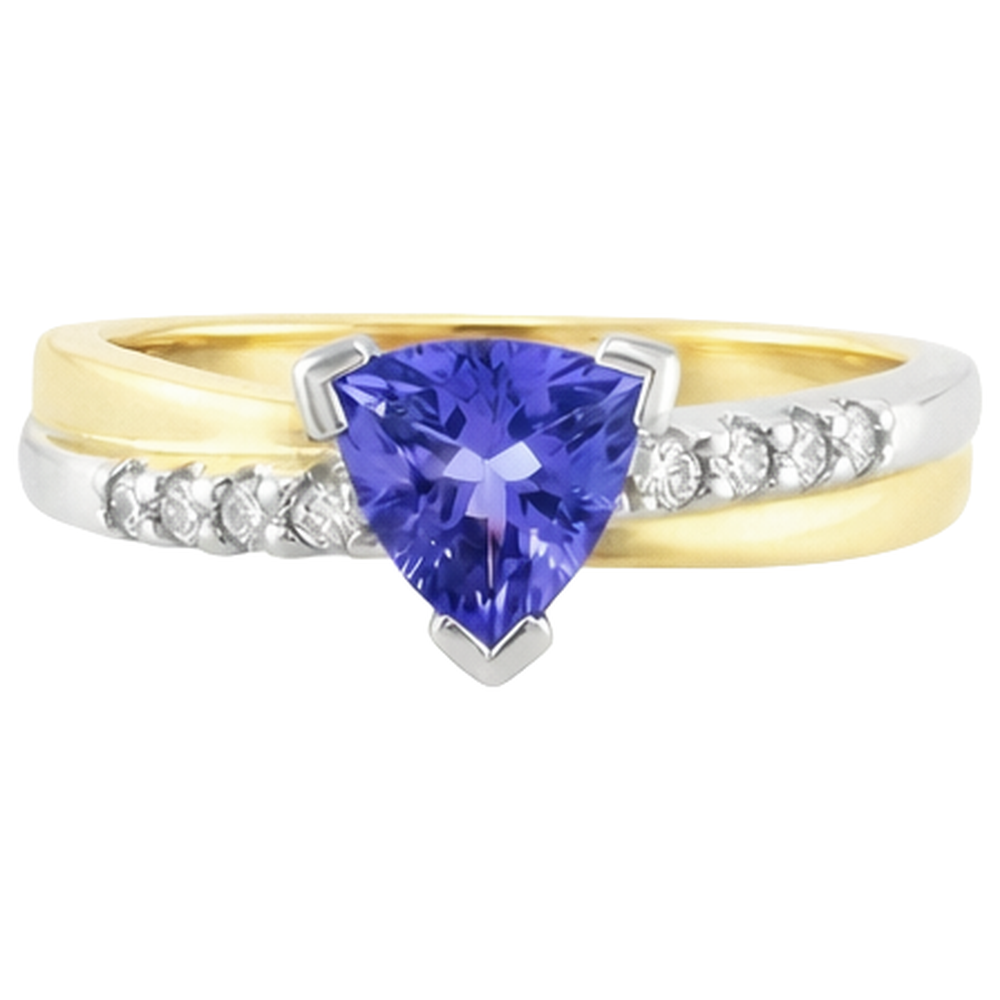 Two Tone Gold Trillion AAA Tanzanite & Round Natural Earth Mined Diamonds Ring 2.60 Carat