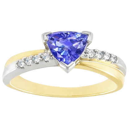 Two Tone Gold Trillion AAA Tanzanite & Round Natural Earth Mined Diamonds Ring 2.60 Carat