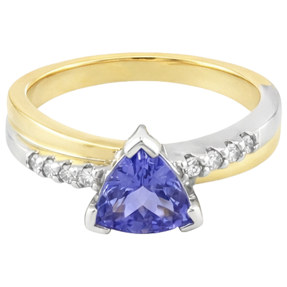 Two Tone Gold Trillion AAA Tanzanite & Round Natural Earth Mined Diamonds Ring 2.60 Carat