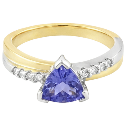 Two Tone Gold Trillion AAA Tanzanite & Round Natural Earth Mined Diamonds Ring 2.60 Carat