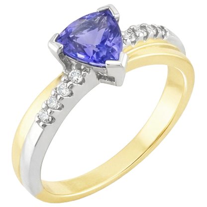 Two Tone Gold Trillion AAA Tanzanite & Round Natural Earth Mined Diamonds Ring 2.60 Carat