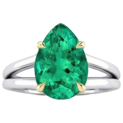 Natural Real ( Not Lab Grown ) Two Tone Gold Women’s Ring Pear Green Emerald GIA