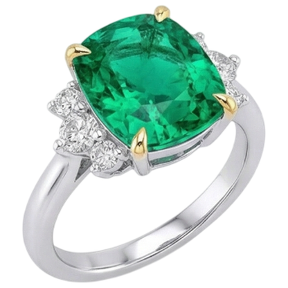 Natural Real ( Not Lab Grown ) Two Tone Green Emerald GIA Ring With Diamonds