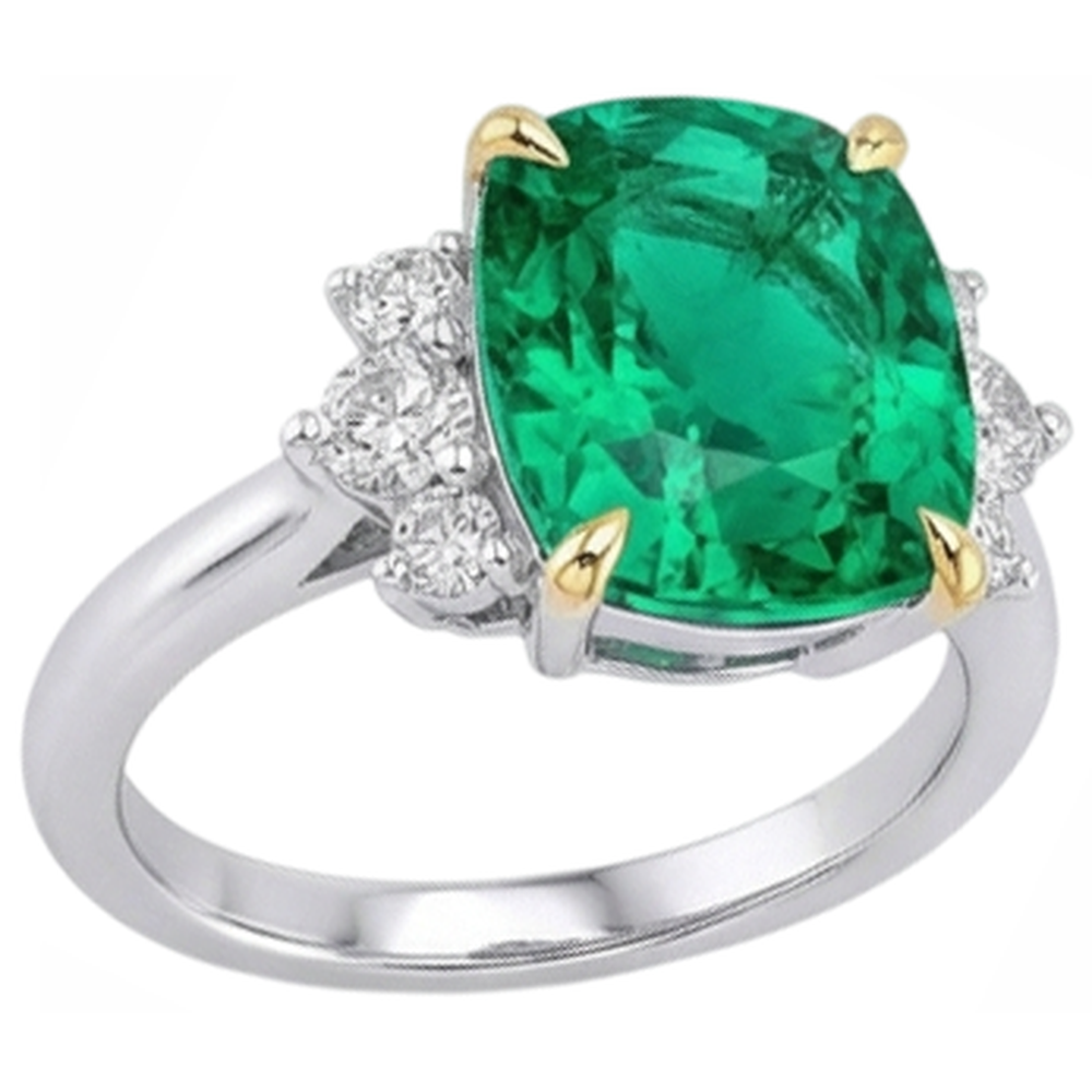 Natural Real ( Not Lab Grown ) Two Tone Green Emerald GIA Ring With Diamonds