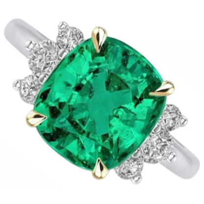 Natural Real ( Not Lab Grown ) Two Tone Green Emerald GIA Ring With Diamonds