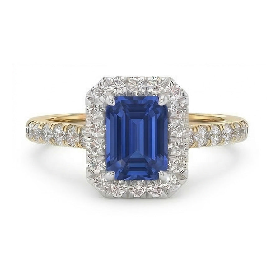 Two Tone Halo Emerald Sapphire Ring 3 Carats Natural Earth Mined Diamond Accents