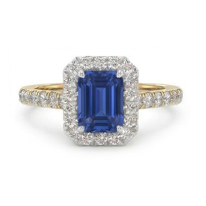 Two Tone Halo Emerald Sapphire Ring 3 Carats Natural Earth Mined Diamond Accents