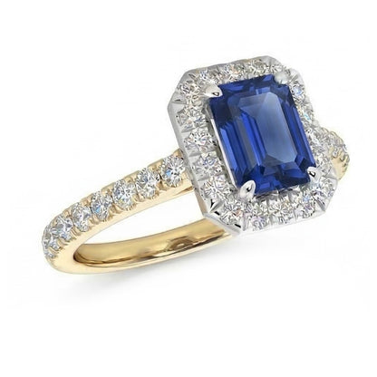 Two Tone Halo Emerald Sapphire Ring 3 Carats Natural Earth Mined Diamond Accents
