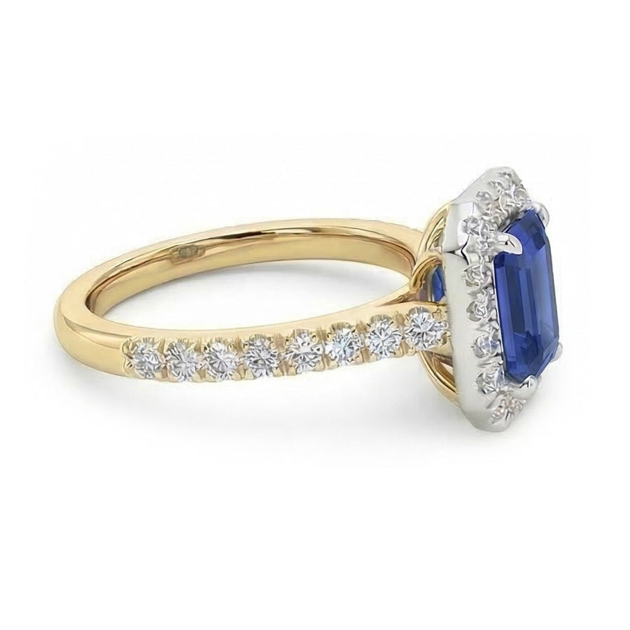 Two Tone Halo Emerald Sapphire Ring 3 Carats Natural Earth Mined Diamond Accents