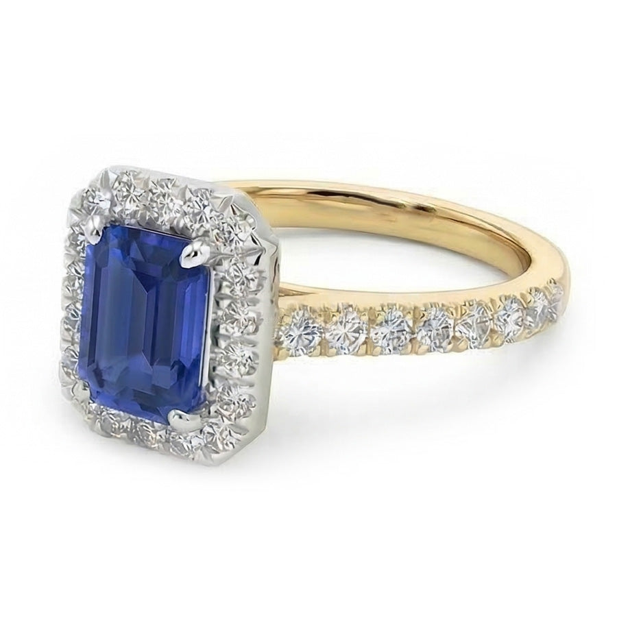 Two Tone Halo Emerald Sapphire Ring 3 Carats Natural Earth Mined Diamond Accents