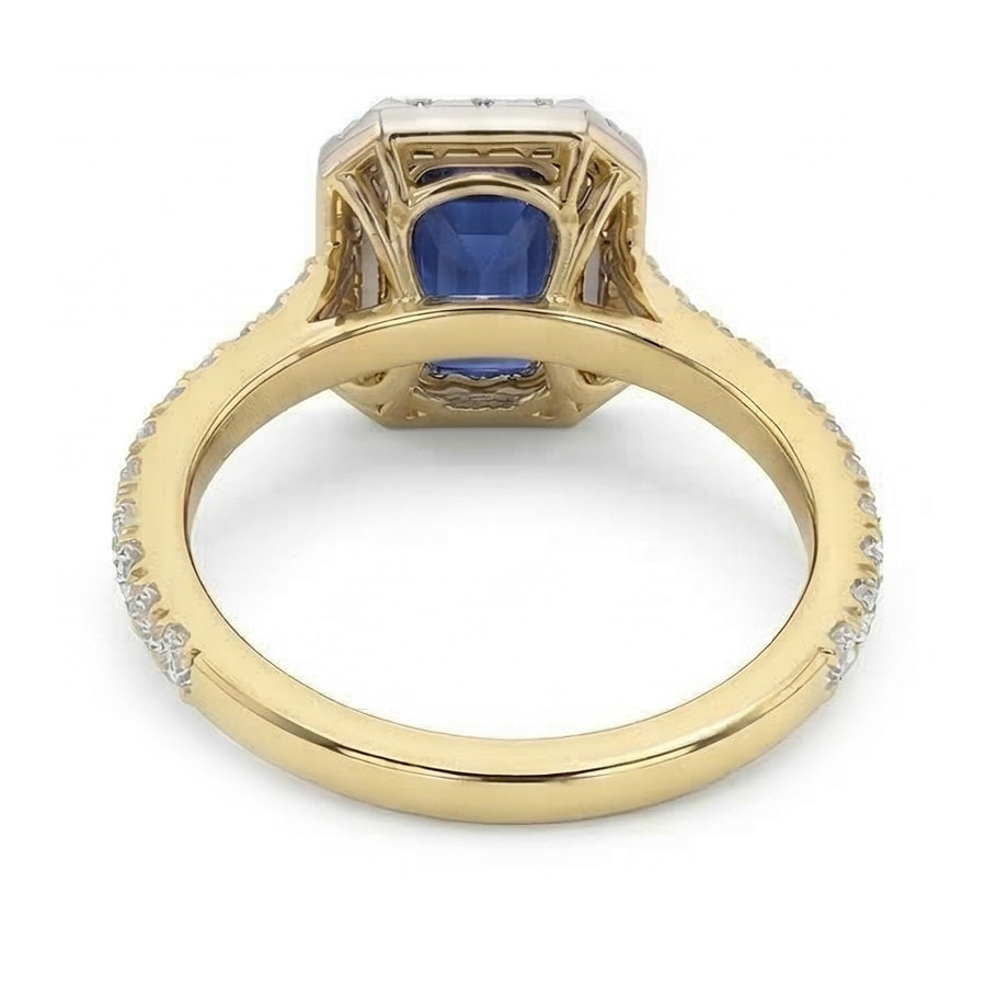 Two Tone Halo Emerald Sapphire Ring 3 Carats Natural Earth Mined Diamond Accents