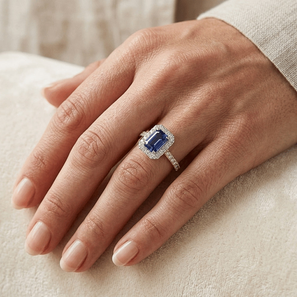 Two Tone Halo Emerald Sapphire Ring 3 Carats Natural Earth Mined Diamond Accents