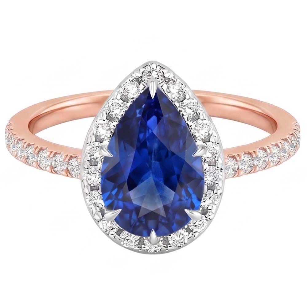 Two Tone Halo Ring Pear Blue Sapphire & Natural Earth Mined Diamonds 4 Carats Jewelry