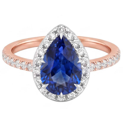 Two Tone Halo Ring Pear Blue Sapphire & Natural Earth Mined Diamonds 4 Carats Jewelry