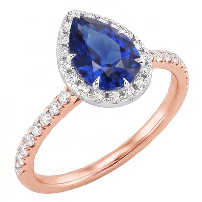 Two Tone Halo Ring Pear Blue Sapphire & Natural Earth Mined Diamonds 4 Carats Jewelry