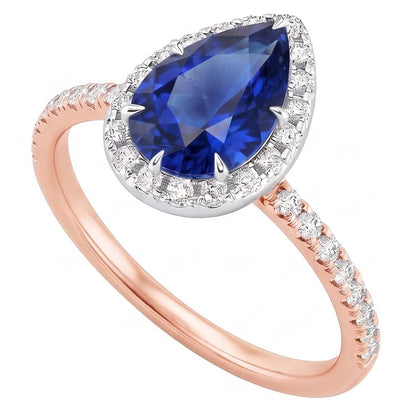 Two Tone Halo Ring Pear Blue Sapphire & Natural Earth Mined Diamonds 4 Carats Jewelry