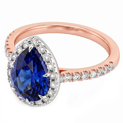Two Tone Halo Ring Pear Blue Sapphire & Natural Earth Mined Diamonds 4 Carats Jewelry