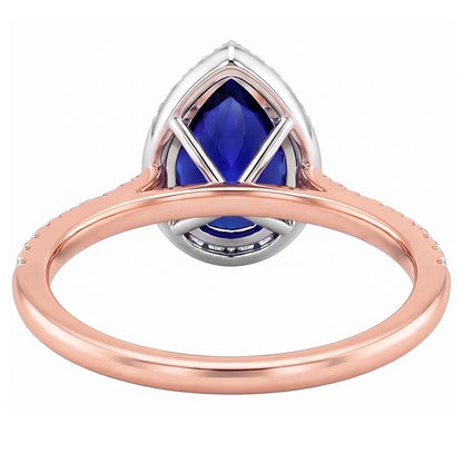 Two Tone Halo Ring Pear Blue Sapphire & Natural Earth Mined Diamonds 4 Carats Jewelry