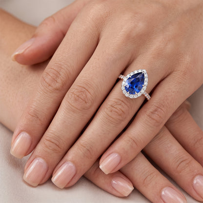 Two Tone Halo Ring Pear Blue Sapphire & Natural Earth Mined Diamonds 4 Carats Jewelry