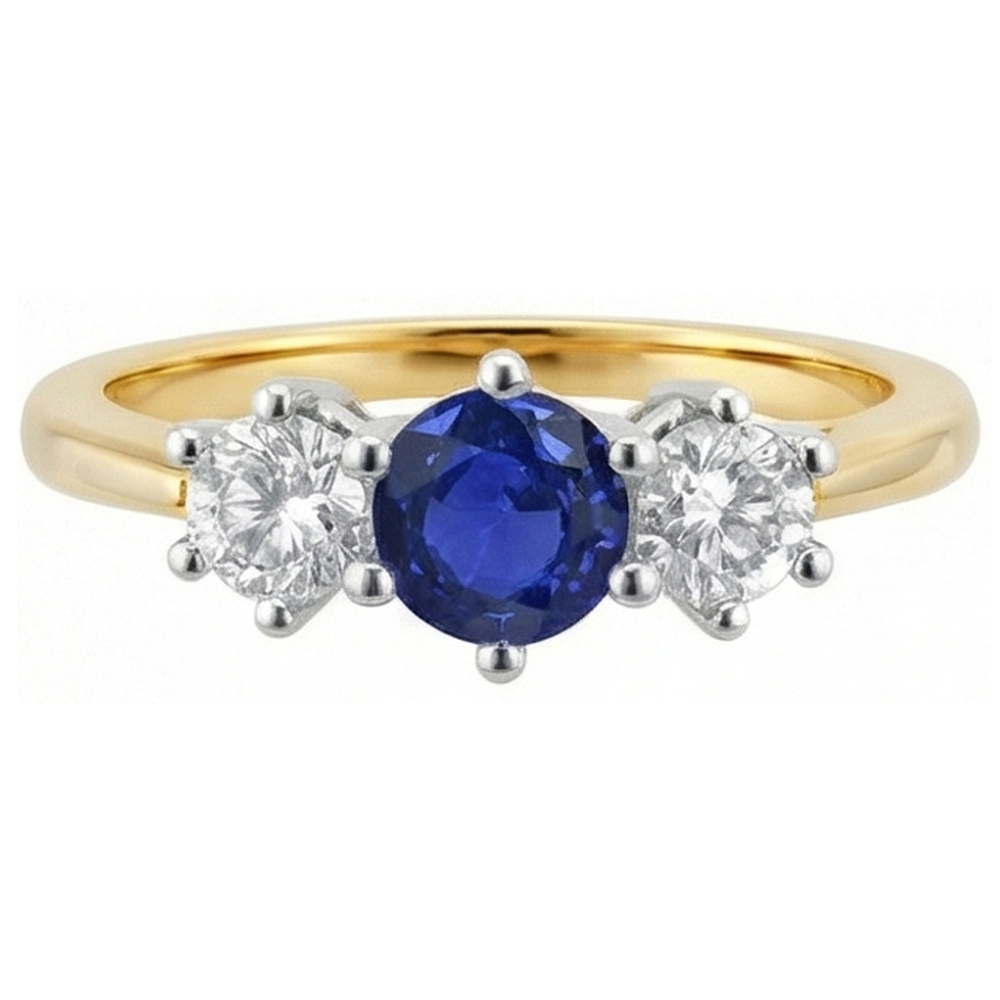 Two Tone Natural Earth Mined Diamond 3 Stone Sapphire Ring 6 Prong Set 3.50 Carats