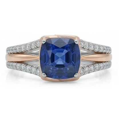Two Tone Natural Earth Mined Diamond Engagement Ring With Cushion Blue Sapphire 2.50 Carat