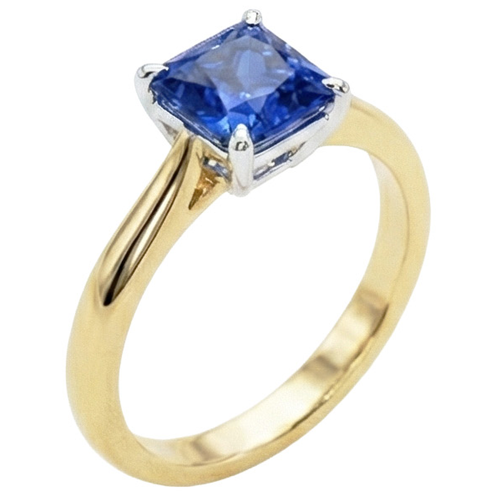 Natural Real ( Not Lab Grown )  Two Tone Solitaire Blue Sapphire Ring 1.50 Carats Tapered Shank