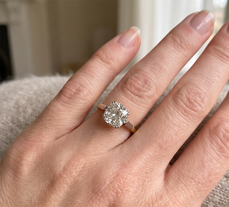 Two Tone Solitaire Engagement Ring Old Cut Cushion Natural Real Diamond ( Not Lab Grown ) 3 Carats