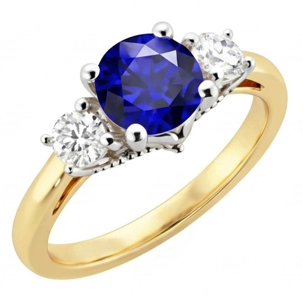 Two Tone Three Stone Round Sapphire Natural Earth Mined Diamond Ring 2.50 Carats