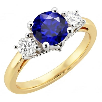 Two Tone Three Stone Round Sapphire Natural Earth Mined Diamond Ring 2.50 Carats