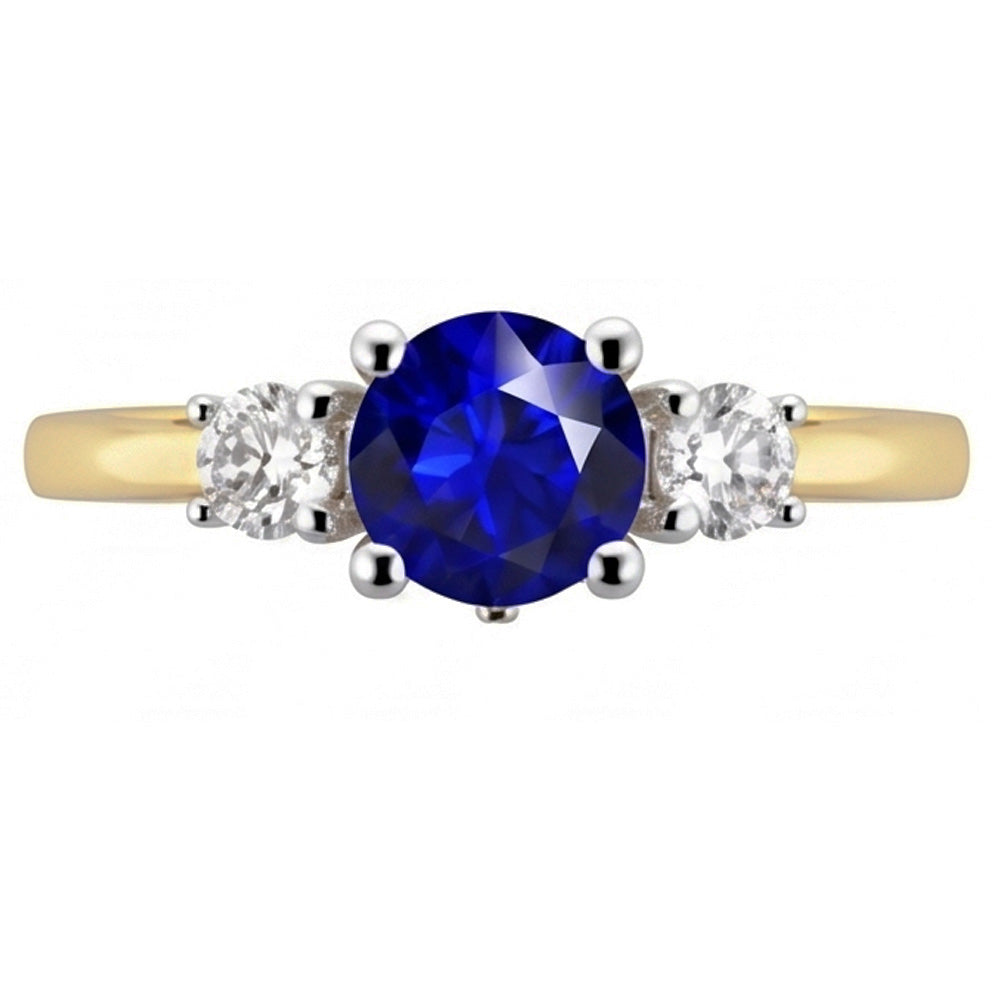 Two Tone Three Stone Round Sapphire Natural Earth Mined Diamond Ring 2.50 Carats