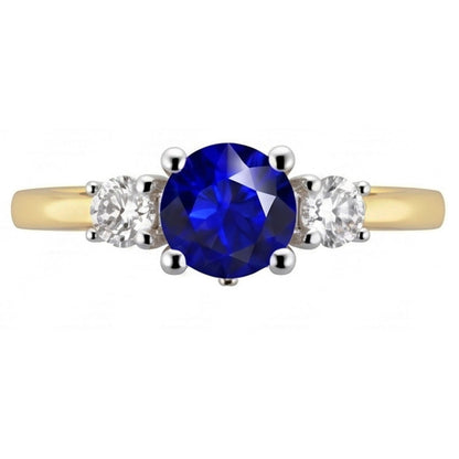 Two Tone Three Stone Round Sapphire Natural Earth Mined Diamond Ring 2.50 Carats
