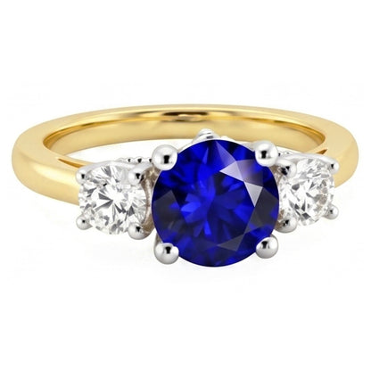 Two Tone Three Stone Round Sapphire Natural Earth Mined Diamond Ring 2.50 Carats