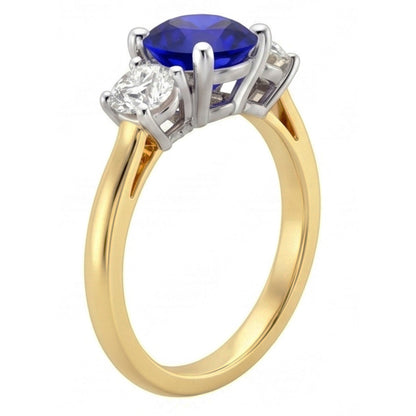 Two Tone Three Stone Round Sapphire Natural Earth Mined Diamond Ring 2.50 Carats