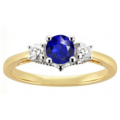 Two Tone Three Stone Round Sapphire Natural Earth Mined Diamond Ring 2.50 Carats