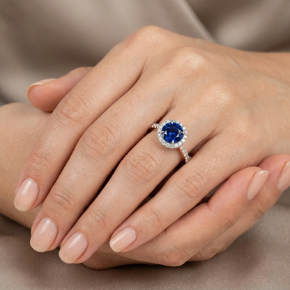 Two Tone Blue Sapphire Halo Natural Earth Mined Diamond Ring Prong Set