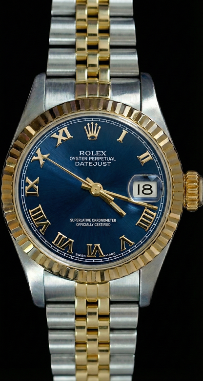 Two Tone Fluted Bezel Datejust Lady Watch Blue Roman Dial Rolex