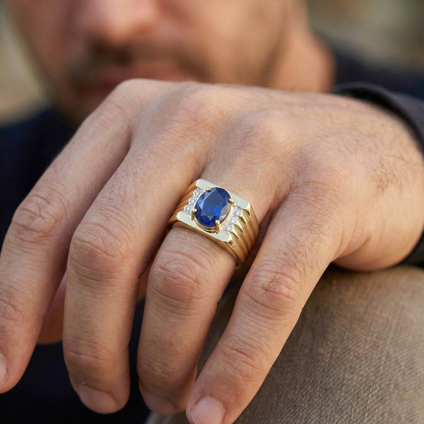 Two Tone Gold 14K Oval Sapphire & Round Natural Earth Mined Diamond Ring 2.30 Ct.