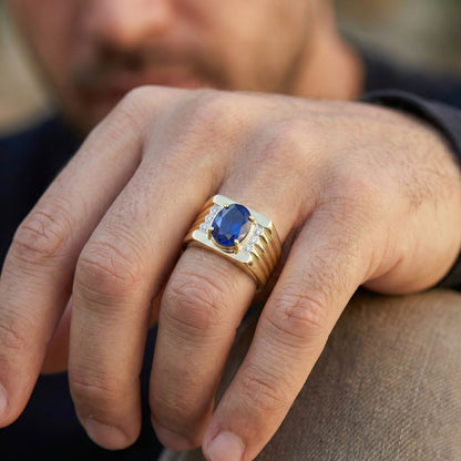 Two Tone Gold 14K Oval Sapphire & Round Natural Earth Mined Diamond Ring 2.30 Ct.