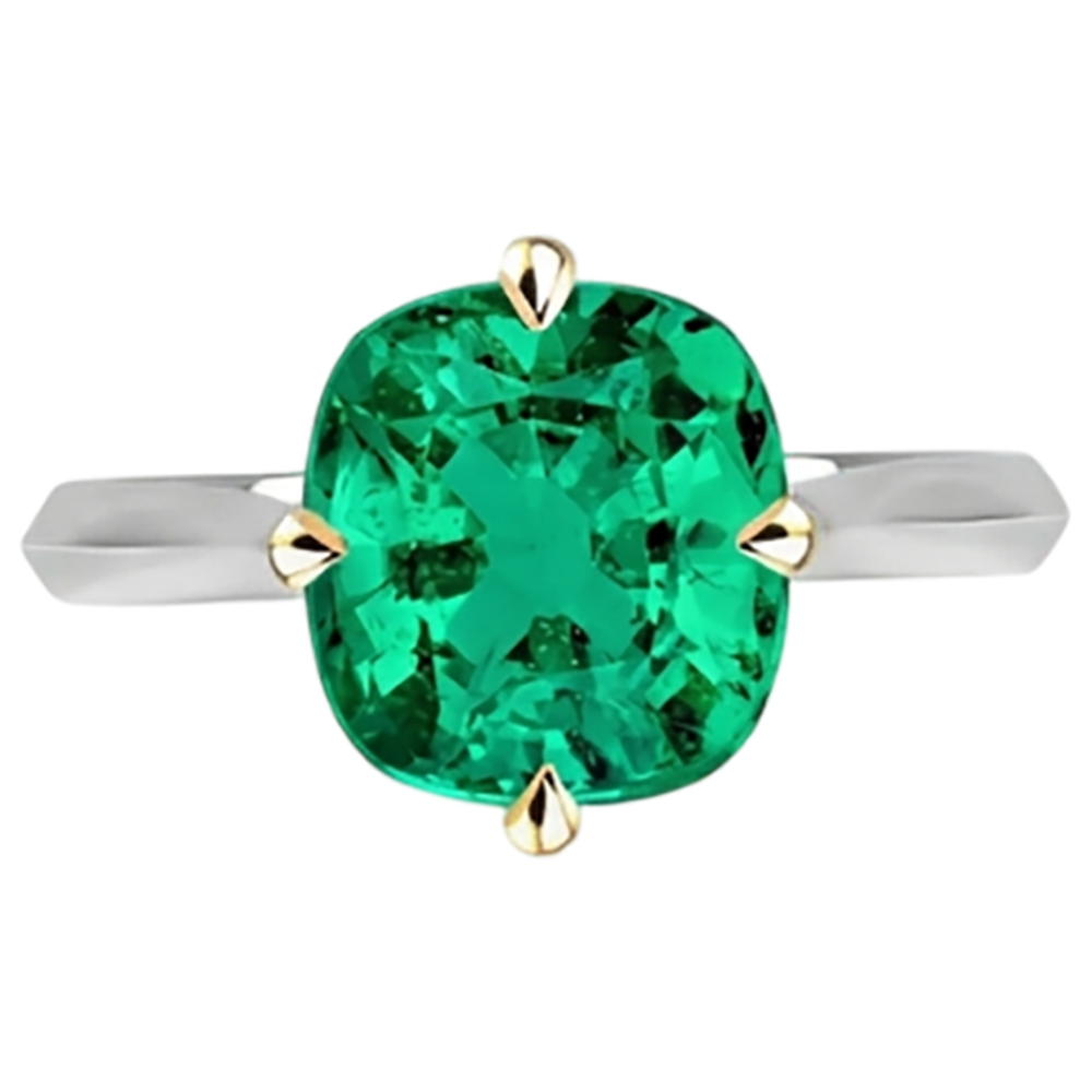 Natural Real ( Not Lab Grown ) Unique Cushion Colombian Green Emerald GIA Ring Solitaire