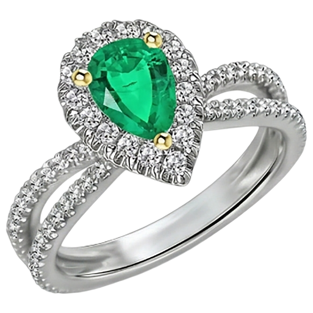 Natural Real ( Not Lab Grown ) Unique Green Emerald GIA Halo Ring Pear Cut Gemstone Split Shank