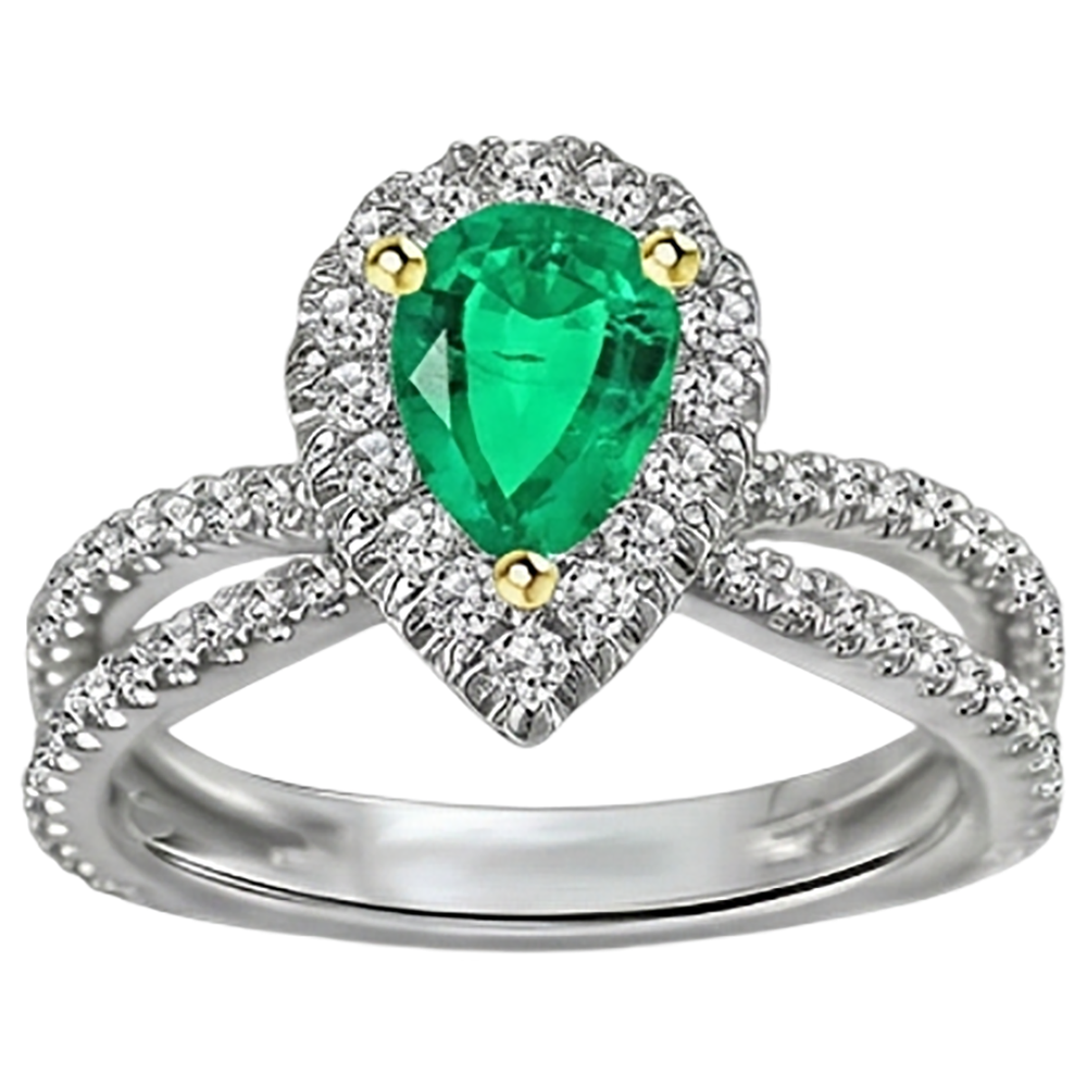 Natural Real ( Not Lab Grown ) Unique Green Emerald GIA Halo Ring Pear Cut Gemstone Split Shank