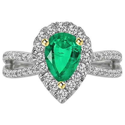 Natural Real ( Not Lab Grown ) Unique Green Emerald GIA Halo Ring Pear Cut Gemstone Split Shank