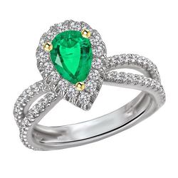Unique Green Emerald Halo Ring Pear Cut Gemstone Split Shank