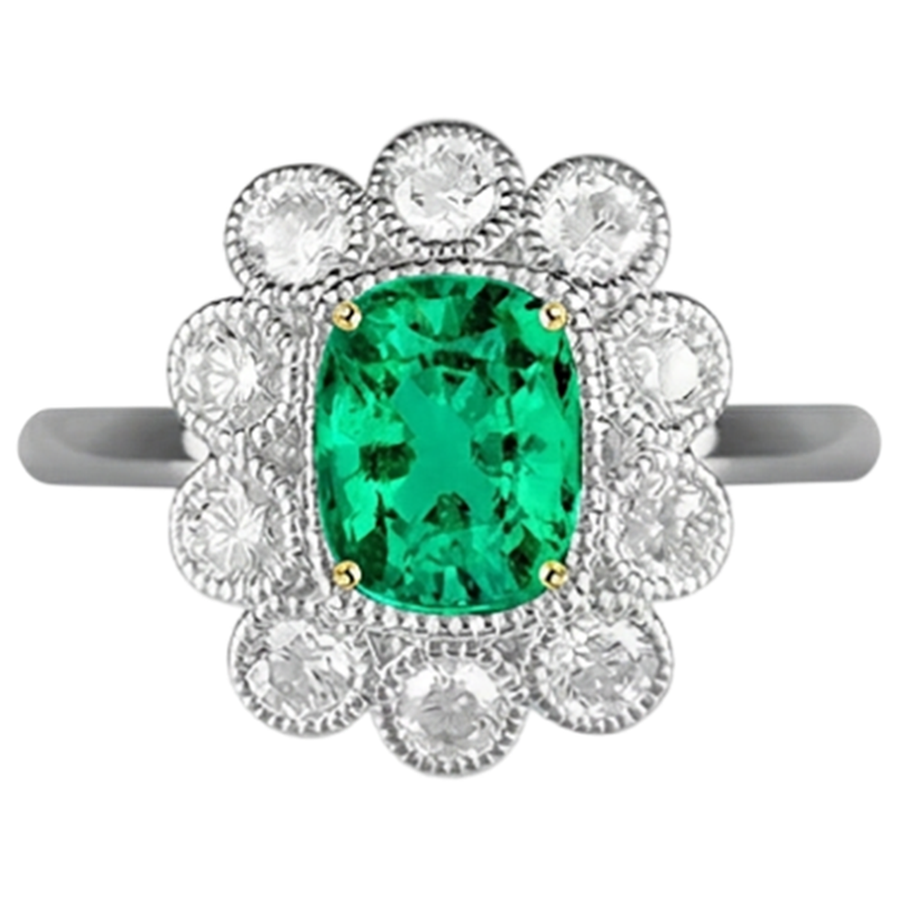 Natural Real ( Not Lab Grown ) Unique Halo Vintage Style Ring Green Emerald GIA With Diamonds