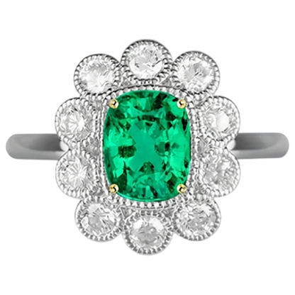 Natural Real ( Not Lab Grown ) Unique Halo Vintage Style Ring Green Emerald GIA With Diamonds