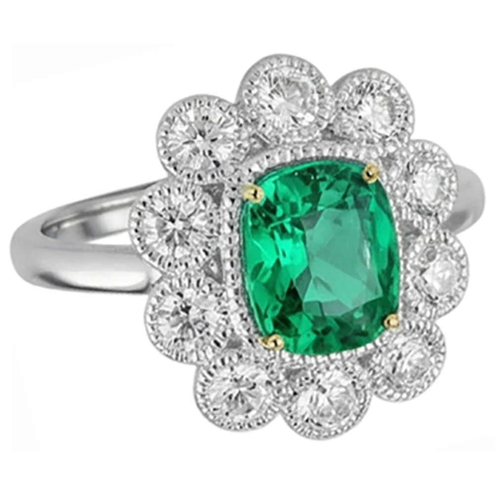 Natural Real ( Not Lab Grown ) Unique Halo Vintage Style Ring Green Emerald GIA With Diamonds