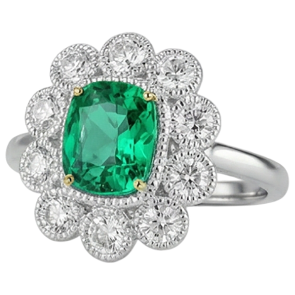 Natural Real ( Not Lab Grown ) Unique Halo Vintage Style Ring Green Emerald GIA With Diamonds